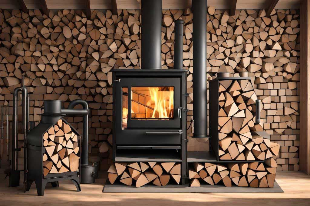 Un feu lancé dans un insert avec un panier à bûches design
