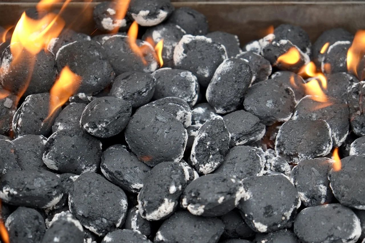 Des briquettes de charbon de bois dans une cheminée
