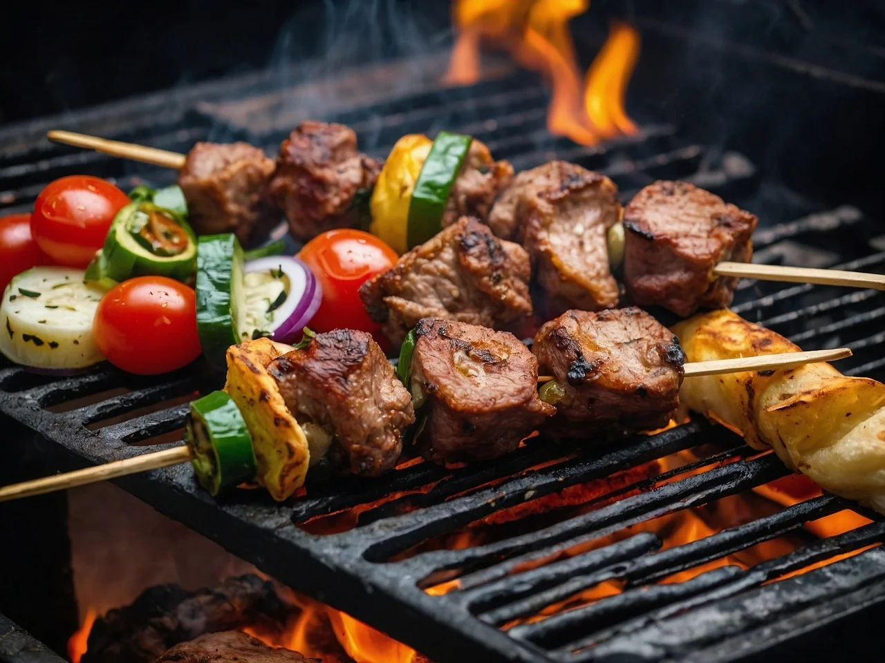 Des brochettes de viande cuites au grill au feu de bois