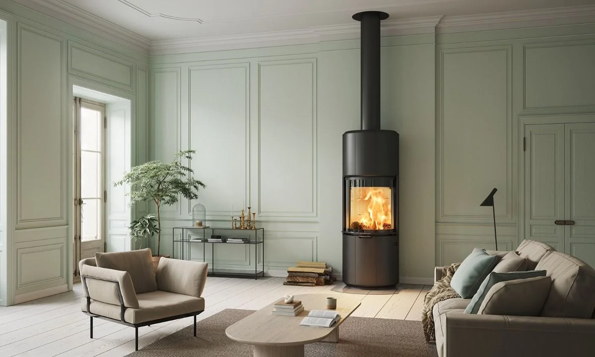 Poêle à bois avec un mur d'adossement vert pastel
