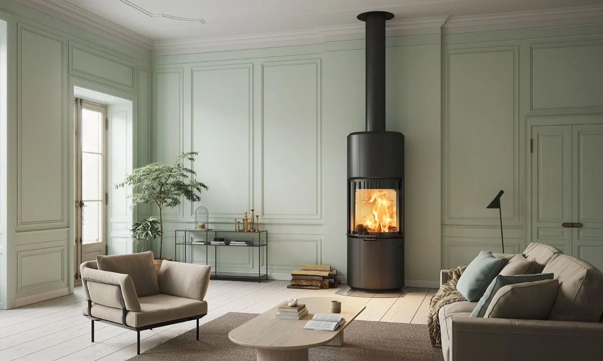 Poêle à bois avec un mur d'adossement vert pastel