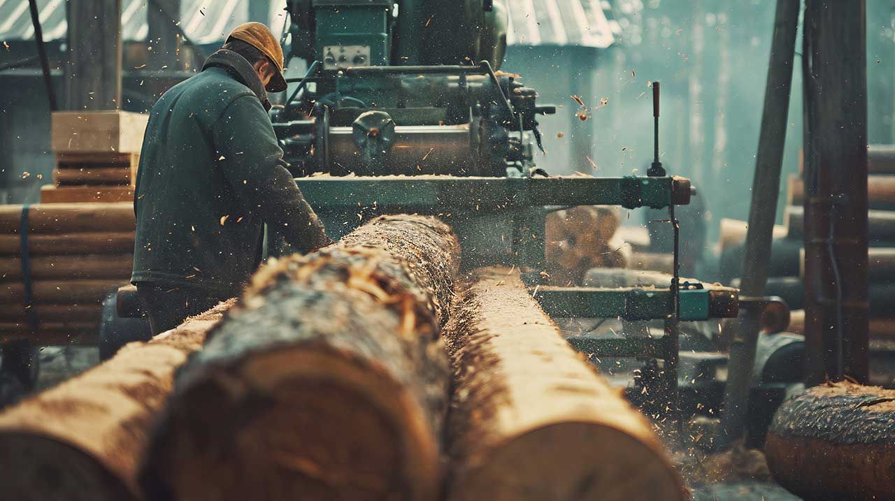 Des rondins de bois sont découpées dans une scierie