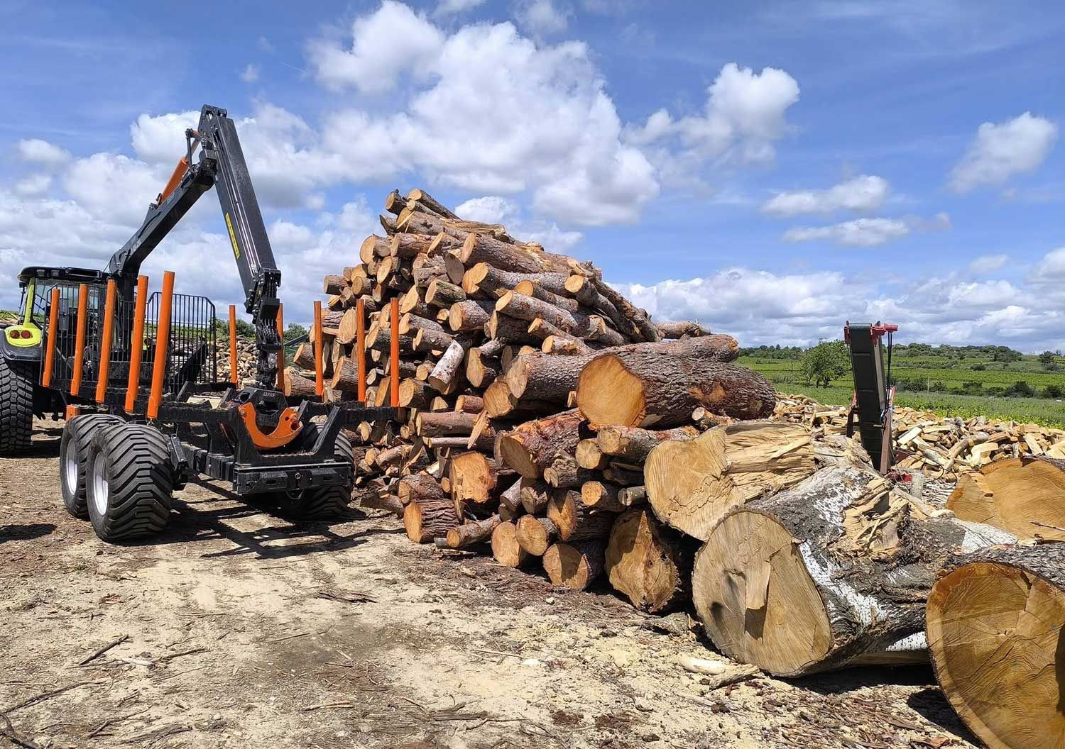 Un chargement de bois prêt à être déposé sur notre tracteur avec grue avant transformation en bois de chauffage